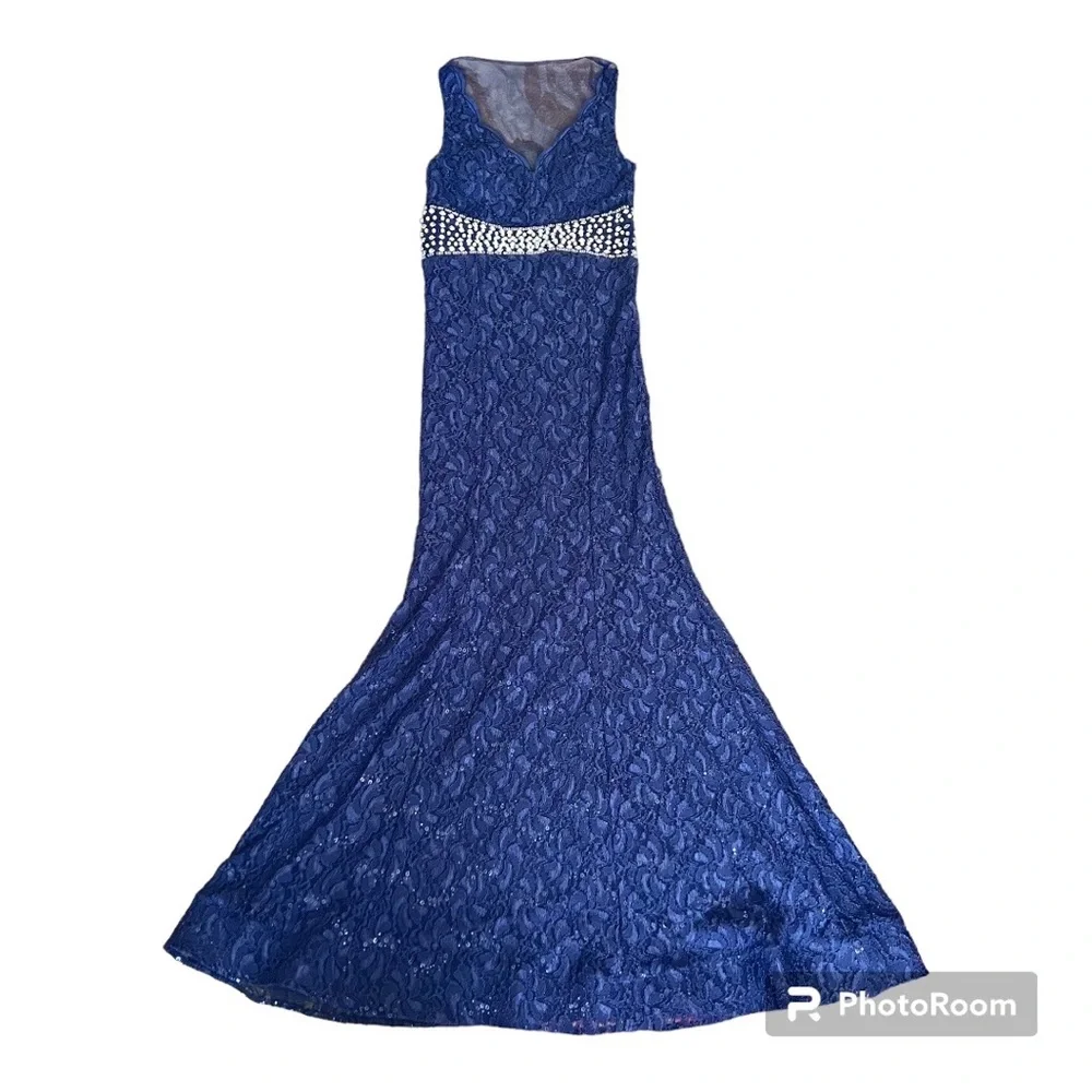 My Michelle 3 Navy Embellished Lace Long Prom Mermaid Dress